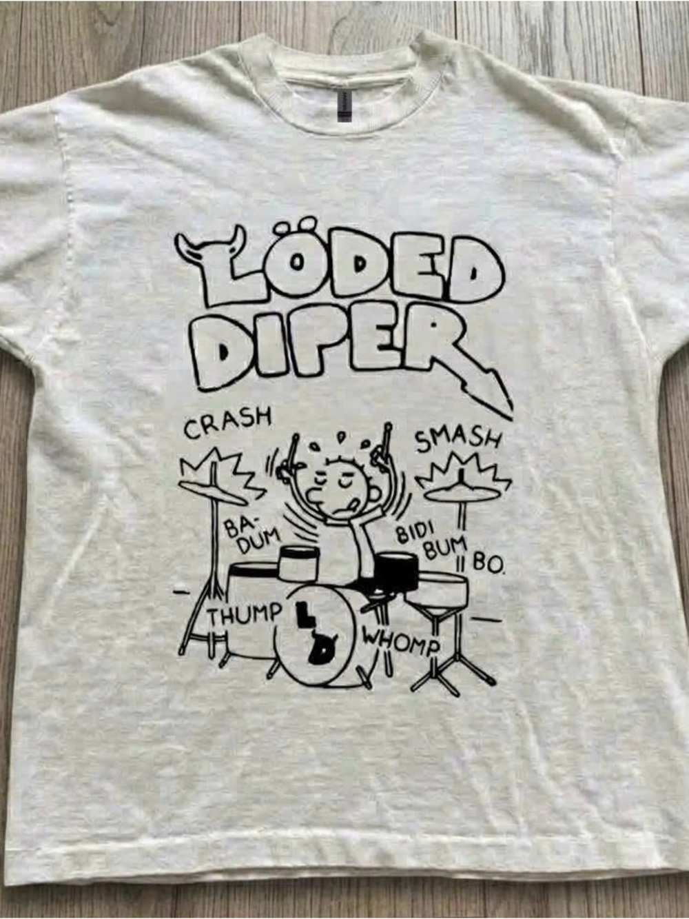 Gildan White Graphic Tee with Black 'LODED DIPER' Drummer Print